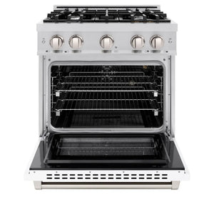 ZLINE 30 in. 4.2 cu. ft. Select Gas Range with 4 Burner Cooktop and Convection Gas Oven in Stainless Steel with White Matte Door (HGR-WM-30) front, oven open.