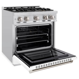 ZLINE 30 in. 4.2 cu. ft. Select Gas Range with 4 Burner Cooktop and Convection Gas Oven in Stainless Steel with White Matte Door (HGR-WM-30) side, oven open.