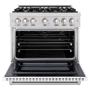 ZLINE 36 in. 5.2 cu. ft. Select Gas Range with 6 Burner Cooktop and Convection Gas Oven in Stainless Steel with White Matte Door (HGR-WM-36) front, oven open.