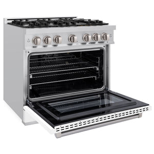 ZLINE 36 in. 5.2 cu. ft. Select Gas Range with 6 Burner Cooktop and Convection Gas Oven in Stainless Steel with White Matte Door (HGR-WM-36) side, oven open.