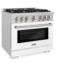 ZLINE 36 in. 5.2 cu. ft. Select Gas Range with 6 Burner Cooktop and Convection Gas Oven in Stainless Steel with White Matte Door (HGR-WM-36) side, closed.