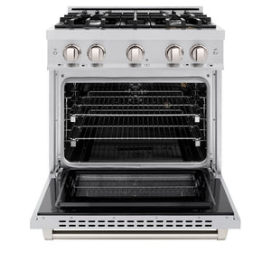 ZLINE 30 in. 4.2 cu. ft. Select Gas Range with 4 Burner Cooktop and Convection Gas Oven in Stainless Steel (HGR30) front, oven open.