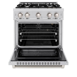 ZLINE 30 in. 4.2 cu. ft. Select Gas Range with 4 Burner Cooktop and Convection Gas Oven in Stainless Steel (HGR30) front, oven open.