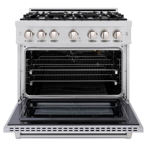 ZLINE 36 in. 5.2 cu. ft. Select Gas Range with 6 Burner Cooktop and Convection Gas Oven in Stainless Steel (HGR36) front, oven open.