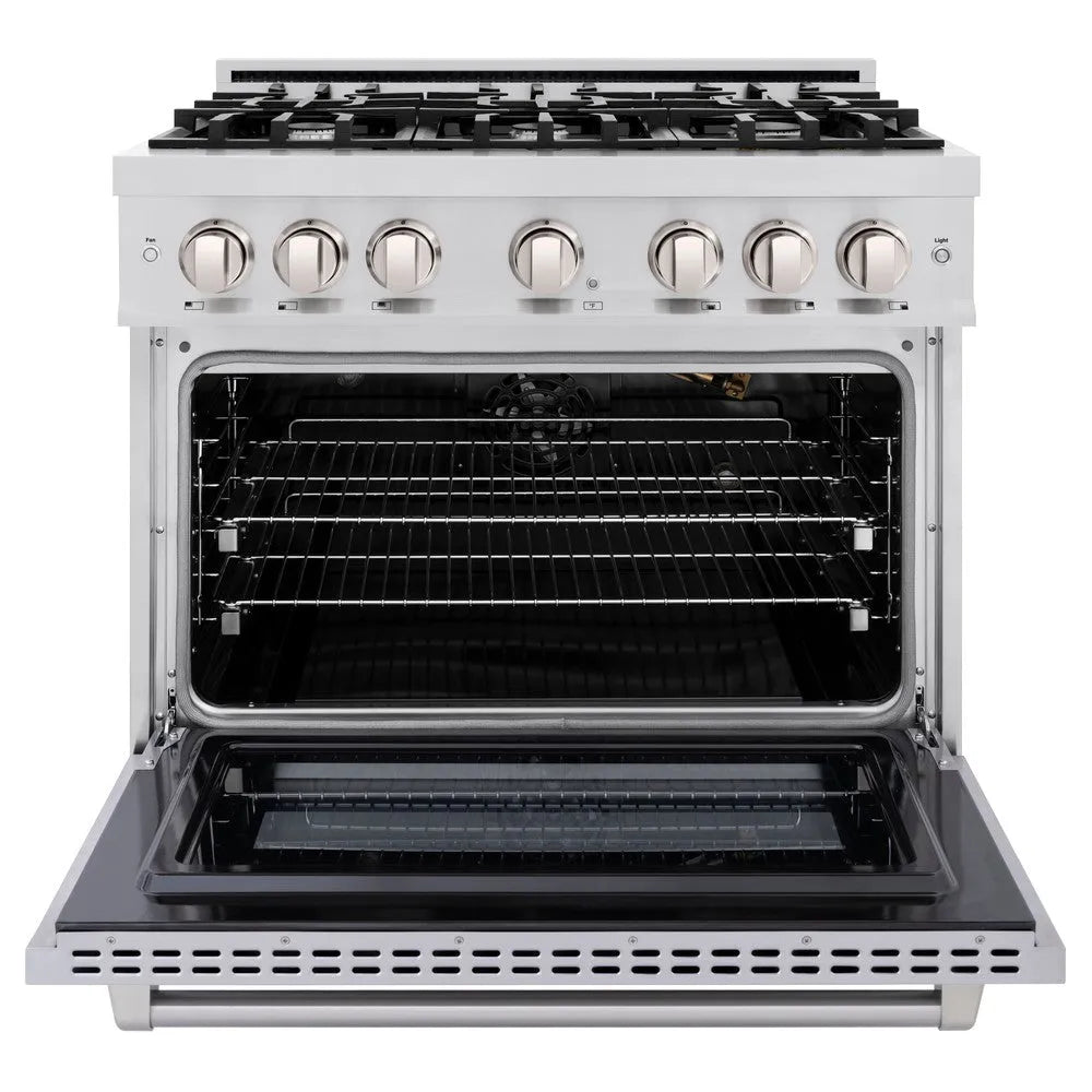 ZLINE 36 in. 5.2 cu. ft. Select Gas Range with 6 Burner Cooktop and Convection Gas Oven in Stainless Steel (HGR36) front, oven open.