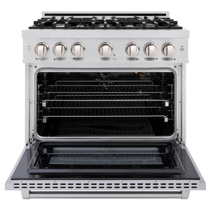 ZLINE 36 in. 5.2 cu. ft. Select Gas Range with 6 Burner Cooktop and Convection Gas Oven in Stainless Steel (HGR36) front, oven open.