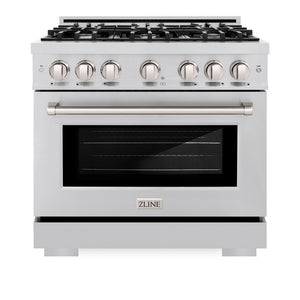 ZLINE 36 in. 5.2 cu. ft. Select Gas Range with 6 Burner Cooktop and Convection Gas Oven in Stainless Steel (HGR36) front, oven closed.