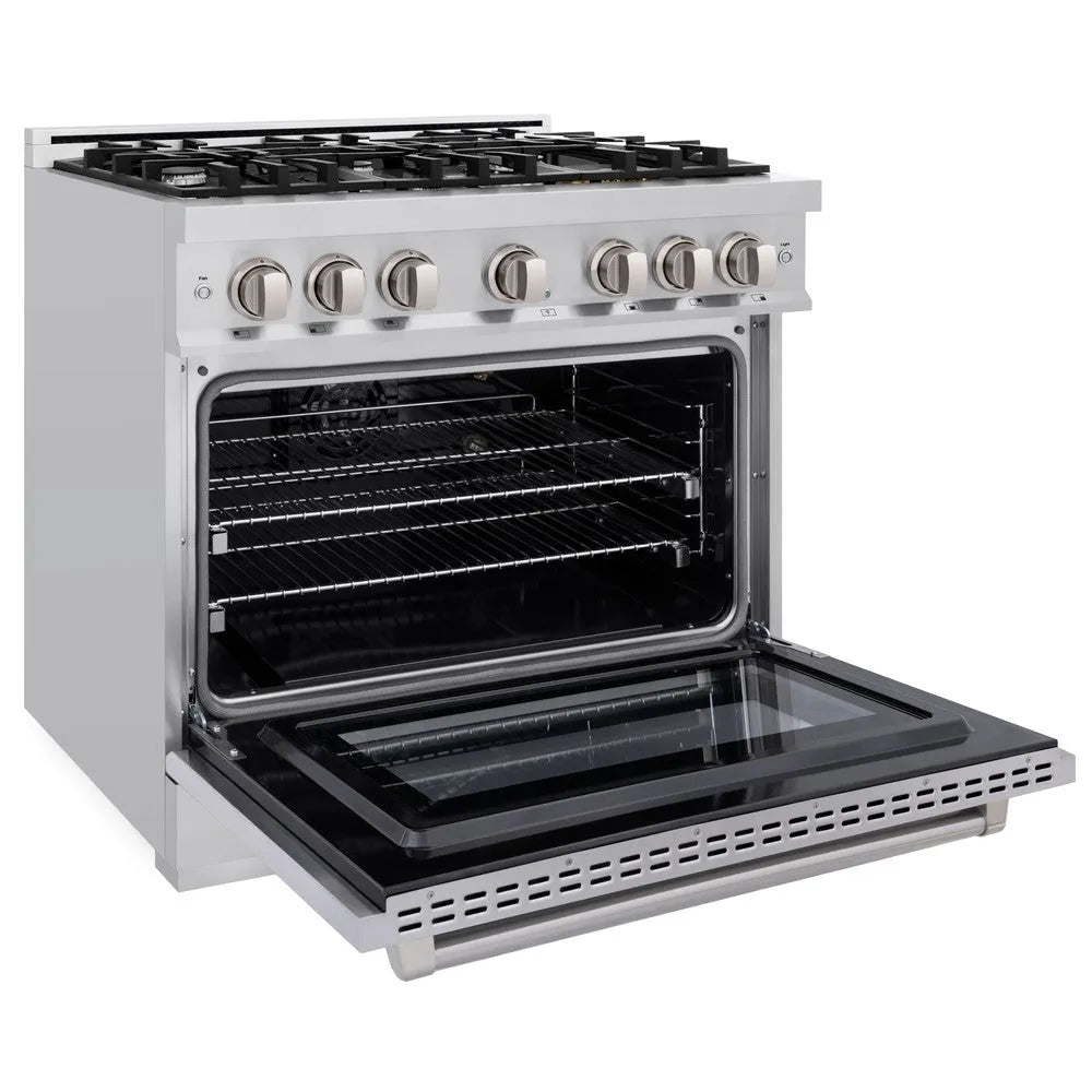 ZLINE 36 in. 5.2 cu. ft. Select Gas Range with 6 Burner Cooktop and Convection Gas Oven in Stainless Steel (HGR36) side, oven open.