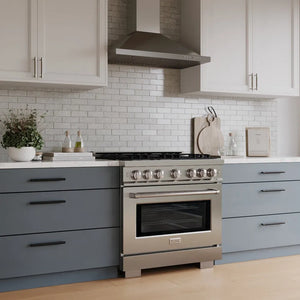 ZLINE 36 in. 5.2 cu. ft. Select Gas Range with 6 Burner Cooktop and Convection Gas Oven in Stainless Steel (HGR36) in a luxury kitchen, side.