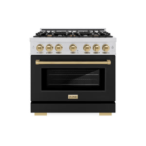 ZLINE Autograph Edition 36 in. 5.2 cu. ft. Select Gas Range with 6 Burner Cooktop and Convection Gas Oven in Stainless Steel with Black Matte Door and Champagne Bronze Accents (HGRZ-BLM-36-CB) front, oven closed.