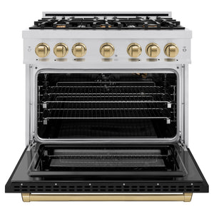ZLINE Autograph Edition 36 in. 5.2 cu. ft. Select Gas Range with 6 Burner Cooktop and Convection Gas Oven in Stainless Steel with Black Matte Door and Champagne Bronze Accents (HGRZ-BLM-36-CB) front, oven open.