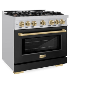 ZLINE Autograph Edition 36 in. 5.2 cu. ft. Select Gas Range with 6 Burner Cooktop and Convection Gas Oven in Stainless Steel with Black Matte Door and Champagne Bronze Accents (HGRZ-BLM-36-CB) side, oven closed.