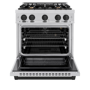 ZLINE Autograph Edition 30 in. 4.2 cu. ft. Select Gas Range with 4 Burner Cooktop and Convection Gas Oven in Stainless Steel and Matte Black Accents (HGRZ-30-MB) front, oven open.
