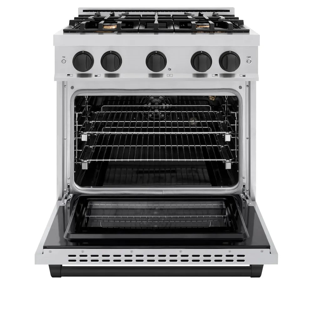 ZLINE Autograph Edition 30 in. 4.2 cu. ft. Select Gas Range with 4 Burner Cooktop and Convection Gas Oven in Stainless Steel and Matte Black Accents (HGRZ-30-MB) front, oven open.