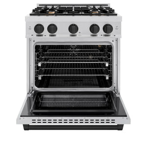 ZLINE Autograph Edition 30 in. 4.2 cu. ft. Select Gas Range with 4 Burner Cooktop and Convection Gas Oven in Stainless Steel and Matte Black Accents (HGRZ-30-MB) front, oven open.