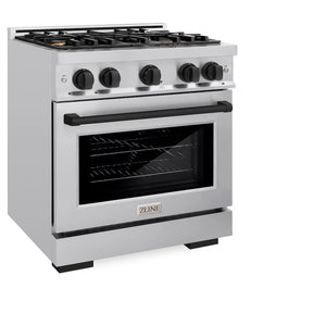 ZLINE Autograph Edition 30 in. 4.2 cu. ft. Select Gas Range with 4 Burner Cooktop and Convection Gas Oven in Stainless Steel and Matte Black Accents (HGRZ-30-MB) side, oven closed.