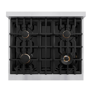 ZLINE Autograph Edition 30 in. 4.2 cu. ft. Select Gas Range with 4 Burner Cooktop and Convection Gas Oven in Stainless Steel and Matte Black Accents (HGRZ-30-MB) top-down, above cooktop.