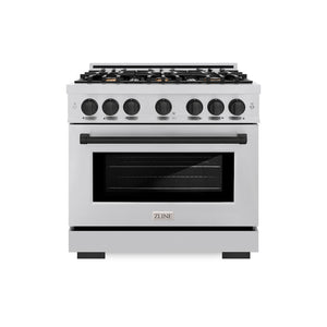ZLINE Autograph Edition 36 in. 5.2 cu. ft. Select Gas Range with 6 Burner Cooktop and Convection Gas Oven in Stainless Steel and Matte Black Accents (HGRZ-36-MB) front, oven closed.