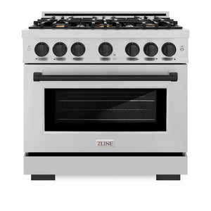 ZLINE Autograph Edition 36 in. 5.2 cu. ft. Select Gas Range with 6 Burner Cooktop and Convection Gas Oven in Stainless Steel and Matte Black Accents (HGRZ-36-MB) front, oven closed.