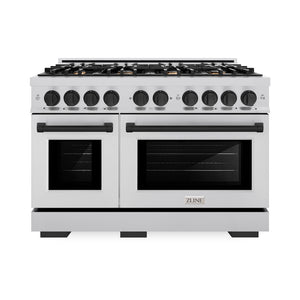 ZLINE Autograph Edition 48 in. 6.7 cu. ft. Select Double Oven Gas Range with 8 Burner Cooktop in Stainless Steel and Matte Black Accents (HGRZ-48-MB) front, oven closed.