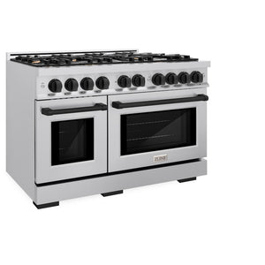ZLINE Autograph Edition 48 in. 6.7 cu. ft. Select Double Oven Gas Range with 8 Burner Cooktop in Stainless Steel and Matte Black Accents (HGRZ-48-MB) side, oven closed.