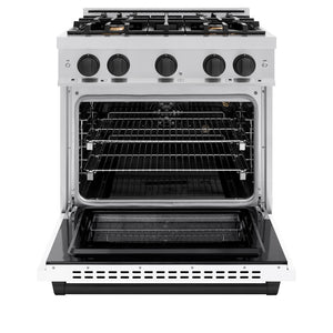 ZLINE Autograph Edition 30 in. 4.2 cu. ft. Select Gas Range with 4 Burner Cooktop and Convection Gas Oven in Stainless Steel with White Matte Door and Matte Black Accents (HGRZ-WM-30-MB) front, oven open.