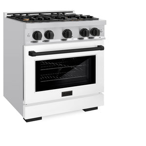 ZLINE Autograph Edition 30 in. 4.2 cu. ft. Select Gas Range with 4 Burner Cooktop and Convection Gas Oven in Stainless Steel with White Matte Door and Matte Black Accents (HGRZ-WM-30-MB) side, oven closed.
