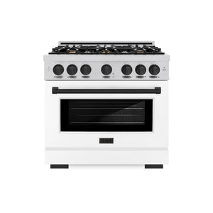 ZLINE Autograph Edition 36 in. 5.2 cu. ft. Select Gas Range with 6 Burner Cooktop and Convection Gas Oven in Stainless Steel with White Matte Door and Matte Black Accents (HGRZ-WM-36-MB) front, oven closed.