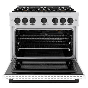 ZLINE Autograph Edition 36 in. 5.2 cu. ft. Select Gas Range with 6 Burner Cooktop and Convection Gas Oven in Stainless Steel with White Matte Door and Matte Black Accents (HGRZ-WM-36-MB) front, oven open.
