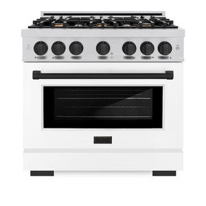 ZLINE Autograph Edition 36 in. 5.2 cu. ft. Select Gas Range with 6 Burner Cooktop and Convection Gas Oven in Stainless Steel with White Matte Door and Matte Black Accents (HGRZ-WM-36-MB) front, oven closed.