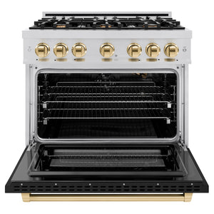 ZLINE Autograph Edition 36 in. 5.2 cu. ft. Select Gas Range with 6 Burner Cooktop and Convection Gas Oven in Stainless Steel with Black Matte Door and Polished Gold Accents (HGRZ-BLM-36-G) front, oven open.