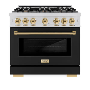 ZLINE Autograph Edition 36 in. 5.2 cu. ft. Select Gas Range with 6 Burner Cooktop and Convection Gas Oven in Stainless Steel with Black Matte Door and Polished Gold Accents (HGRZ-BLM-36-G) front, oven closed.
