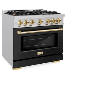 ZLINE Autograph Edition 36 in. 5.2 cu. ft. Select Gas Range with 6 Burner Cooktop and Convection Gas Oven in Stainless Steel with Black Matte Door and Polished Gold Accents (HGRZ-BLM-36-G) side, oven closed.