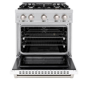 ZLINE 30 in. 4.2 cu. ft. Select Dual Fuel Range with 4 Burner Gas Cooktop and Electric Convection Oven in Stainless Steel with White Matte Door (HDR-WM-30) front, oven open.