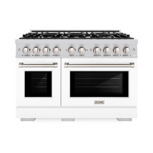 ZLINE 48 in. 6.7 cu. ft. Select Double Oven Gas Range with 8 Burner Cooktop in Stainless Steel with White Matte Doors (HGR-WM-48) front, oven closed.