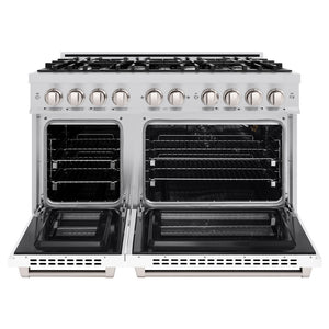 ZLINE 48 in. 6.7 cu. ft. Select Double Oven Gas Range with 8 Burner Cooktop in Stainless Steel with White Matte Doors (HGR-WM-48) front, oven open.