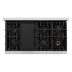 ZLINE 48 in. 6.7 cu. ft. Select Double Oven Gas Range with 8 Burner Cooktop in Stainless Steel with White Matte Doors (HGR-WM-48) top-down, above cooktop.
