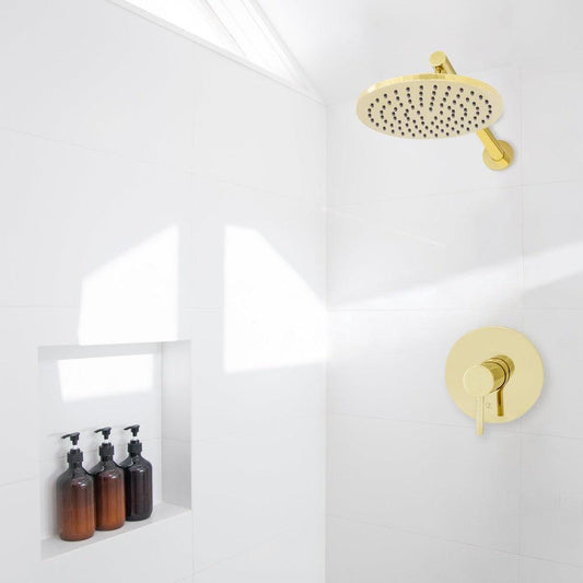 ZLINE El Dorado Rainfall Shower Faucet in Polished Gold (ELD-SHF-PG) n a luxury bathroom.