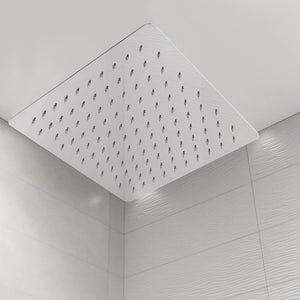 ZLINE Bliss 16 in. Rainfall Shower Head in Chrome (BLS-H16-CH) in a luxury bathroom.