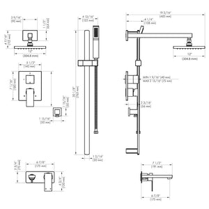 ZLINE Bliss Rainfall Shower System with 12 in. Oversized Shower Head in Brushed Nickel (BLS-SHS12-BN) dimensional diagram.