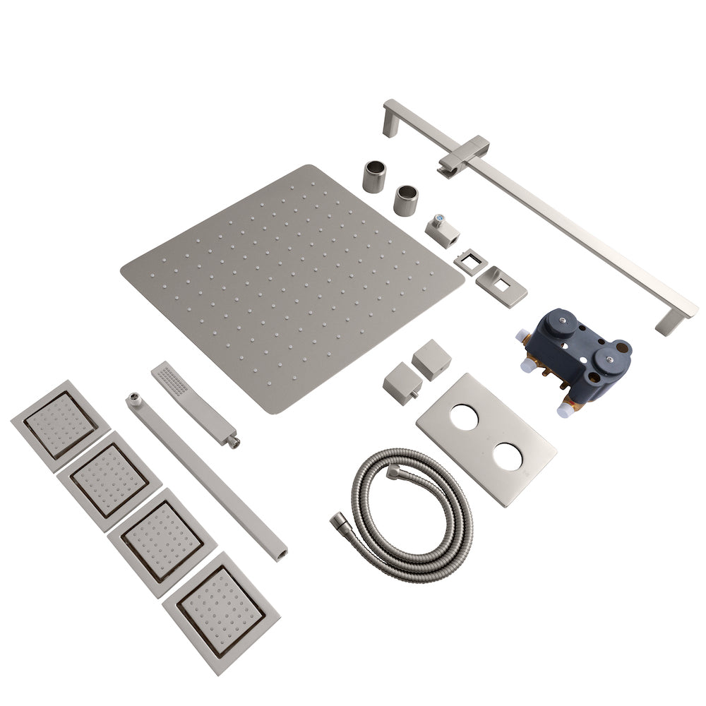 ZLINE Crystal Bay Thermostatic Shower System with Body Jets in Brushed Nickel (CBY-SHS-T3-BN) detail, shower system components separated.