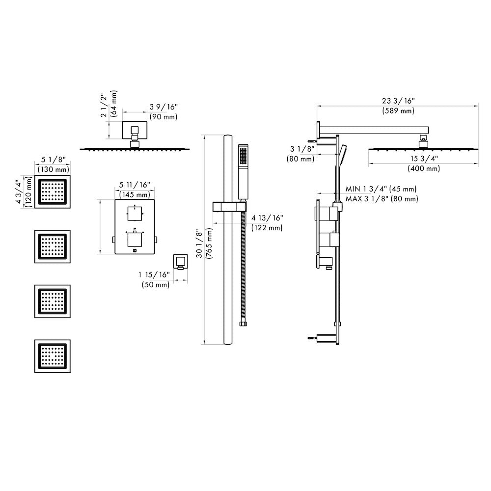 ZLINE Crystal Bay Thermostatic Shower System with Body Jets in Brushed Nickel (CBY-SHS-T3-BN) dimensional diagram.