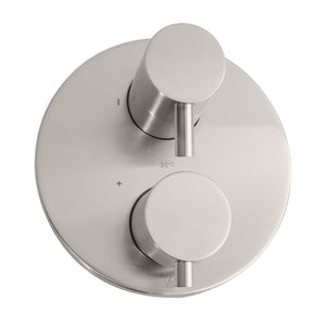 ZLINE Emerald Bay Thermostatic Shower System with Body Jets in Brushed Nickel (EMBY-SHS-T3-BN) close-up detail, knobs.