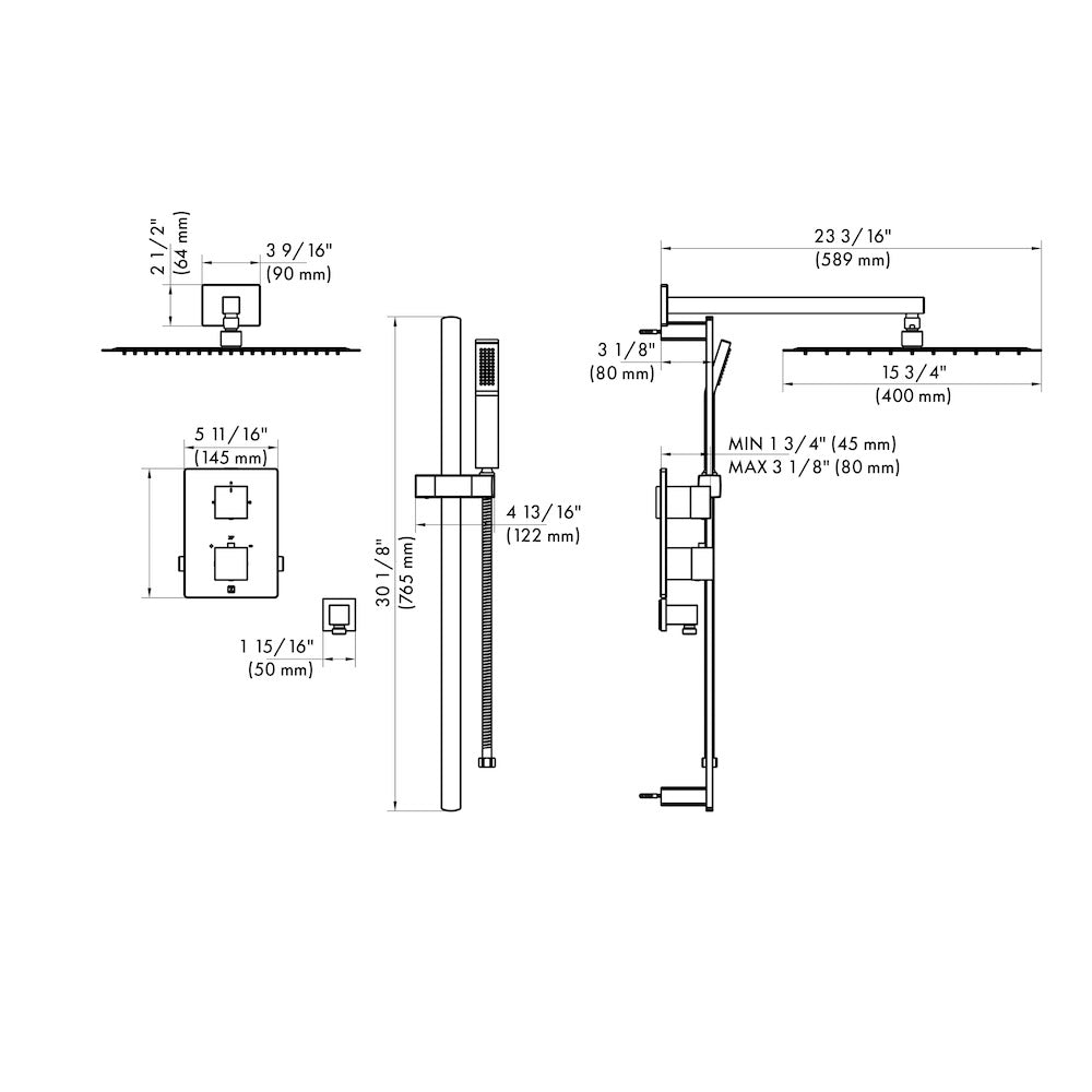 ZLINE Crystal Bay Thermostatic Shower System in Champagne Bronze (CBY-SHS-T2-CB) dimensional diagram.