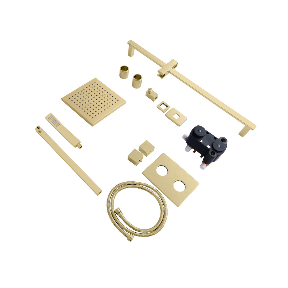 ZLINE Crystal Bay Thermostatic Shower System in Polished Gold (CBY-SHS-T2-PG) detail, shower system components separated.