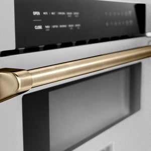 ZLINE Autograph Edition 30 in. 1.2 cu. ft. Built-In Microwave Drawer in Satin Stainless Steel with Champagne Bronze Accents (MWDZ-30-SS-CB) handle detail.