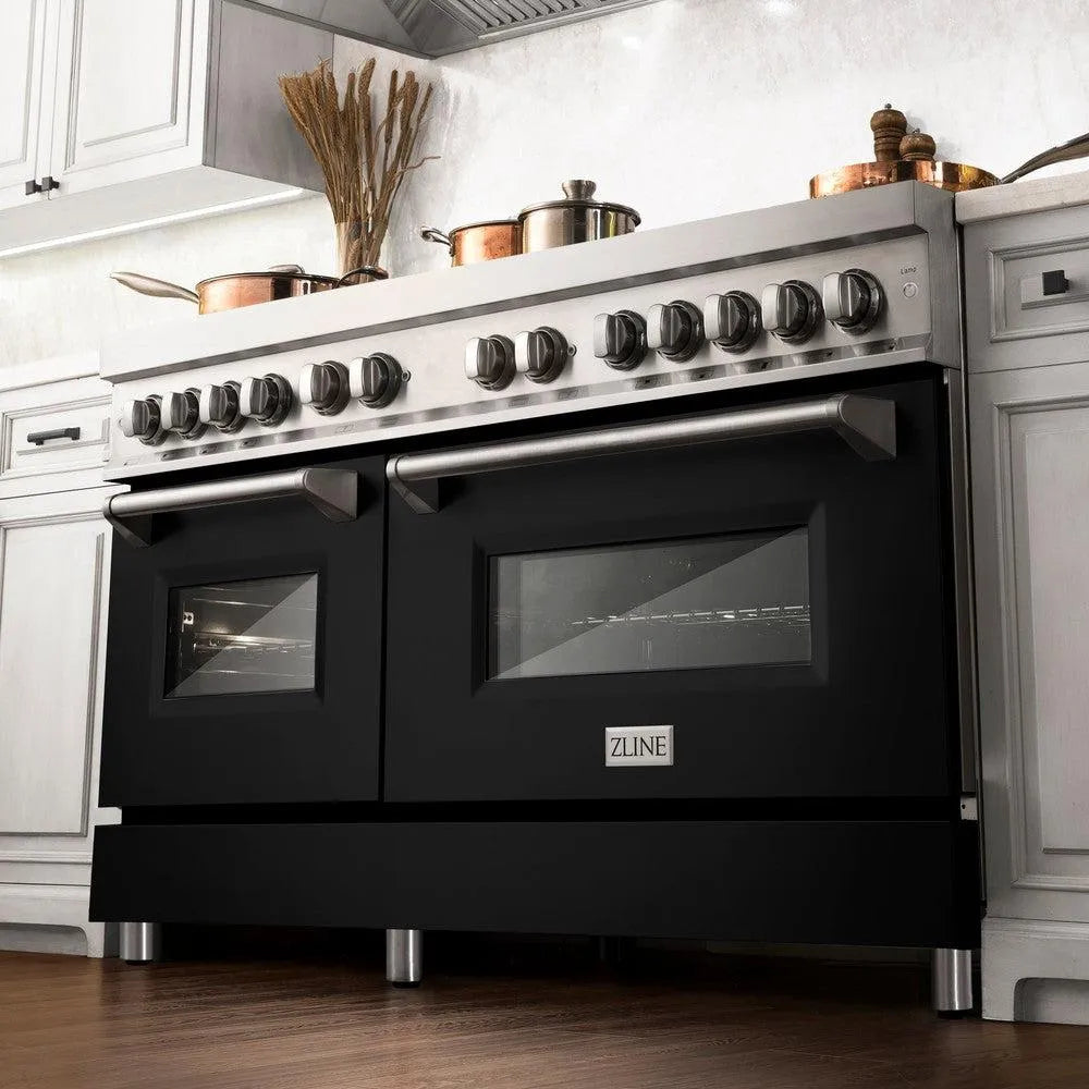 ZLINE 60 in. 7.4 cu. ft. Legacy Dual Fuel Range with 9 Burner Gas Cooktop and 2 Electric Convection Ovens in Stainless Steel and Black Matte Doors (RA-BLM-60) in a luxury kitchen, from below.