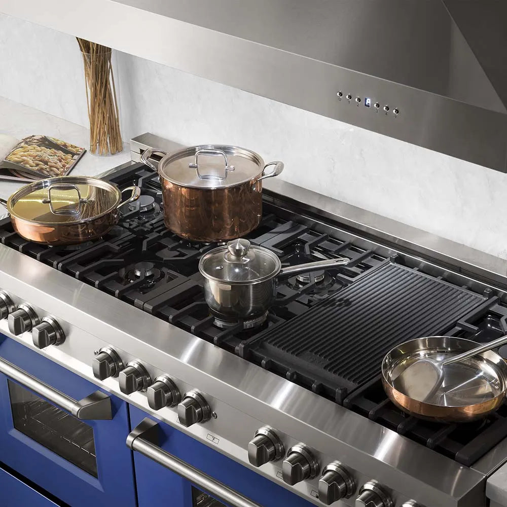 ZLINE 60 in. 7.4 cu. ft. Legacy Dual Fuel Range with 9 Burner Gas Cooktop and 2 Electric Convection Ovens in Stainless Steel and Blue Matte Doors (RA-BM-60) pots and pans on cooktop.