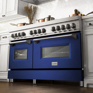 ZLINE 60 in. 7.4 cu. ft. Legacy Dual Fuel Range with 9 Burner Gas Cooktop and 2 Electric Convection Ovens in Stainless Steel and Blue Matte Doors (RA-BM-60) in a luxury kitchen, from below.