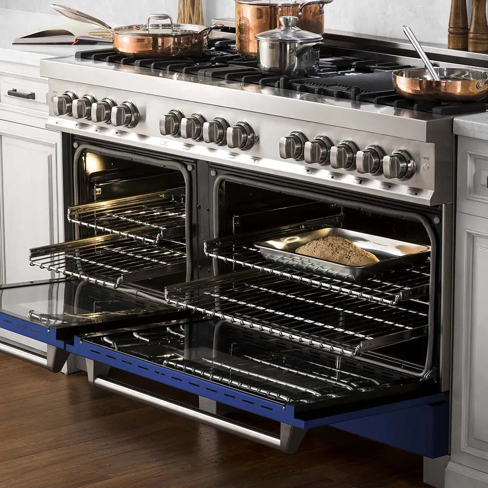 ZLINE 60 in. 7.4 cu. ft. Legacy Dual Fuel Range with 9 Burner Gas Cooktop and 2 Electric Convection Ovens in Stainless Steel and Blue Matte Doors (RA-BM-60) in a luxury kitchen, oven open.
